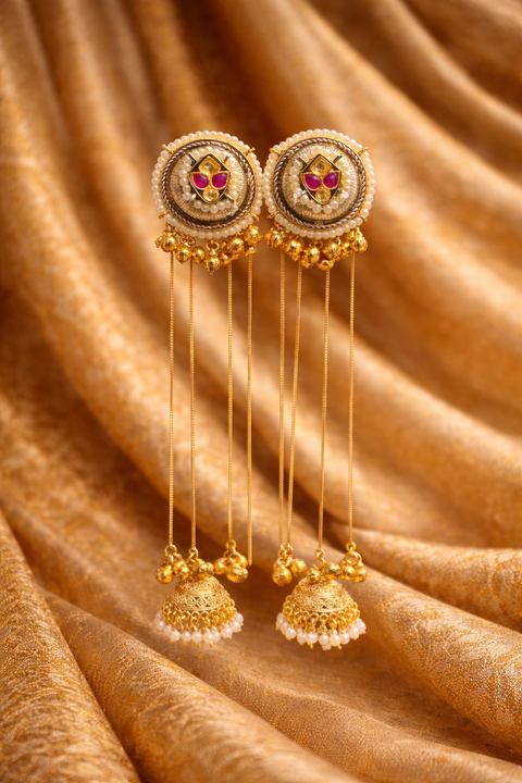 (Video clip attached )Lite Weight Trending Kashmiri Earrings/Product Details:• Style: Traditional / Ethnic• Finish: Gold Look Polish• Stones: Ruby-tone stones• Embellishments: Pearl detailing• Design: Long chain jhumka drop style