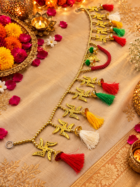 Festive Diwali Door Toran – Beautifully designed with colourful pom-poms, pearl detailing and elegant golden hanging accents. Slight variation in colour and design may occur