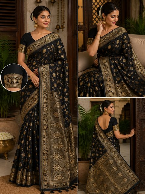 Elegant Black Banarasi Silk Saree featuring rich zari weaving, intricate traditional motifs and graceful tassel detailing on pallu,Comes with an unstitched running blouse piece attached to the saree (slight variation in color and design is possible