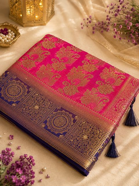 Premium Art Silk Saree Featuring Elegant Zari Weaving & Stone Work Throughout; Saree Comes With An Attached Blouse Piece. Model Blouse Is For Reference Only. Slight Variation In Colour And Design May Occur