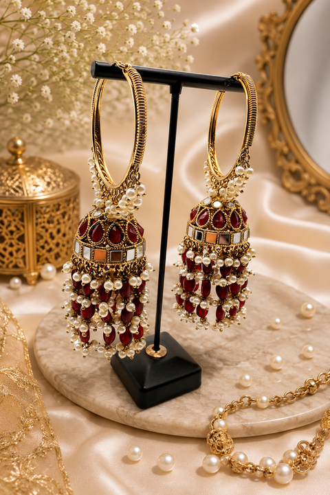 Pearls hanging with mirror work beautiful heavy work designer Jhumka Balian