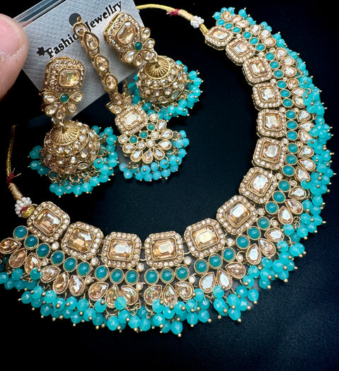 Polki stone with pearls beaded work beautiful necklace with jhumka and tikka set