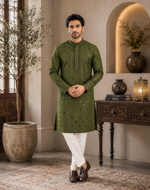 Pure Rayon Based Beautiful Embroidery Work At Front And Back With Sequins Work Designer Kurta & cream Pajama (slight variation in color & design is possible)