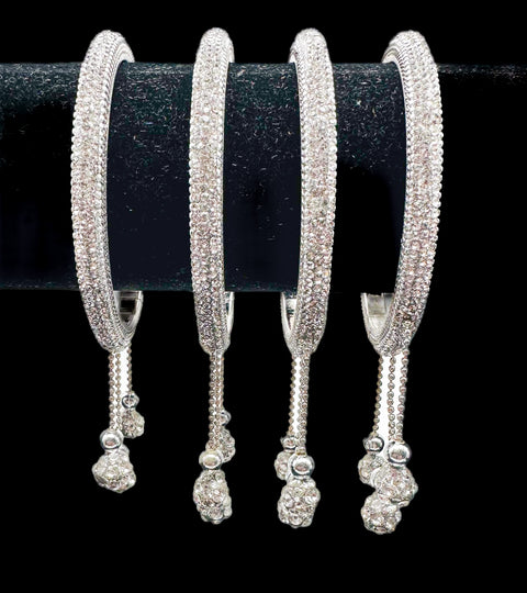 Beautiful Silver fine stone shiny Brass Bangles with Beautiful Latkan set (Sample picture attached at end to show it can be customised with plain Velvet or Metal Bangles)set of 4 Bangles