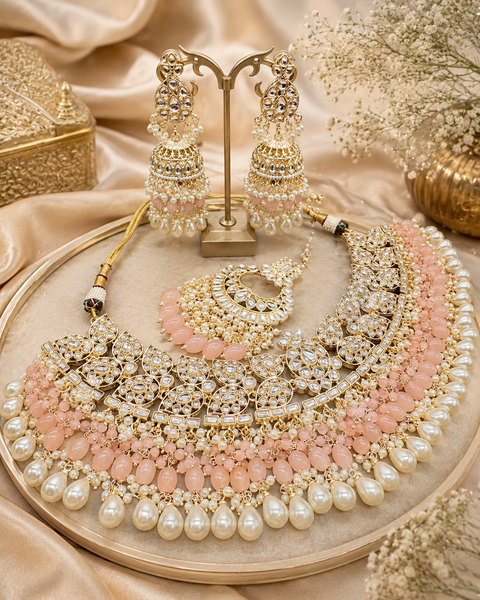 Kundan studded & pearls work designer heavy work Necklace set with beautiful Earrings & Tikka
