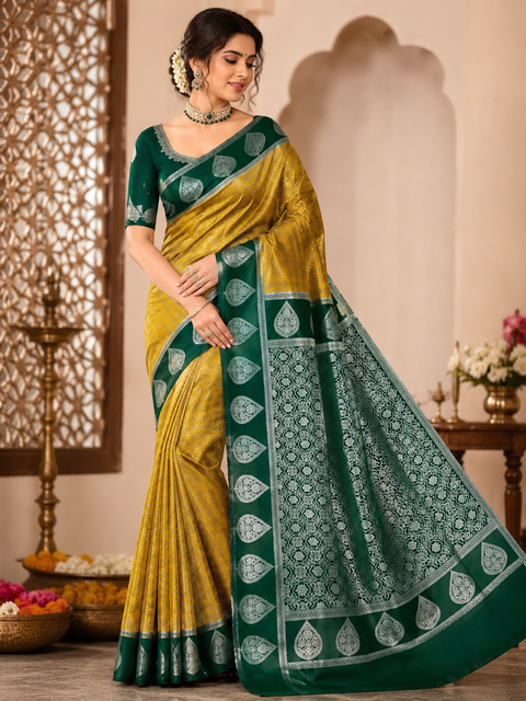 Premium South Silk Saree with rich zari weaving and contrast woven pallu. featuring elegant dual-tone shades.Model-worn blouse is for reference only. Unstitched blouse piece is attached with saree(slight variation in color & design is possible)