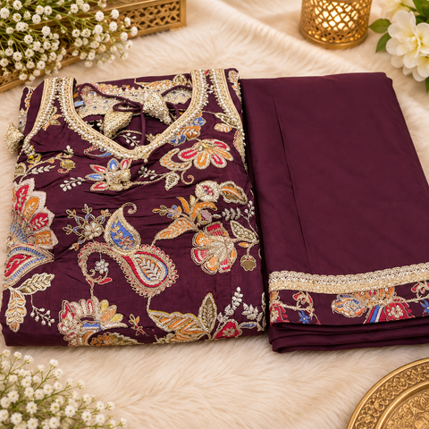 Crepe Silk based embroidery worn kameez with circular plazo & dupatta .Slight variation in colour/design possible