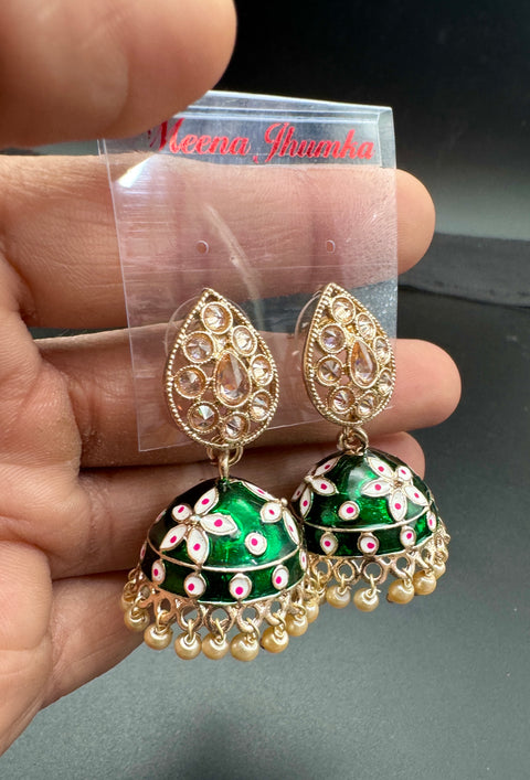 Polki Stone With Pearls Work Beautiful Meenakari Jhumka