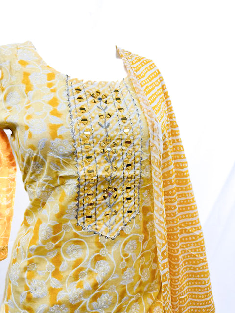 PURE & SOFT COTTON BASED DESIGNER EMBROIDERED & PRINTED WORK KURTI WITH PLAZO PANTS & DUPATTA