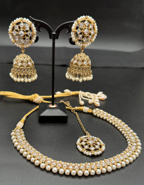 Kundan And Pearls Work Beautiful Necklace Set With Jhumka & Tikka