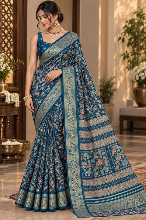 Soft Georgette Printed Saree – Lightweight and flowy with elegant all-over print and border. Matching blouse piece attached; model blouse is for reference only. Slight variation in colour/design is possible.