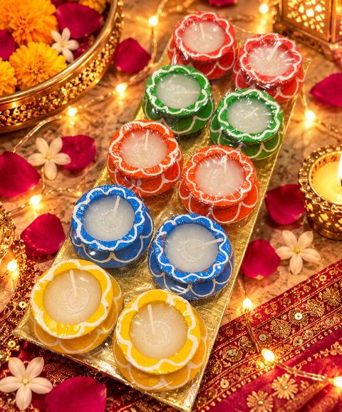 Beautiful 6-Piece Diya Candle Set with colourful handcrafted design and wax candles inside, perfect for Diwali décor and gifting. Slight handmade variations may occur.