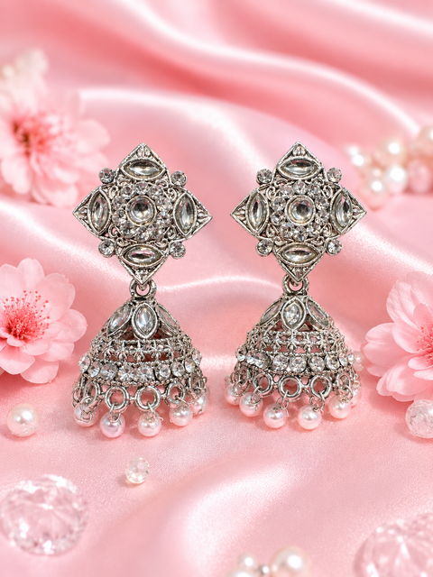 Silver stone with pearls oxidised Jhumka