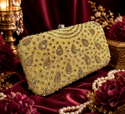 Stone work and pearls work beaded Handwork designer clutch bag with handle to carry with chain inside the clutch (can be attached or detached)