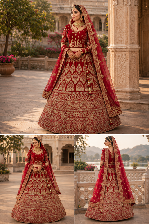(Video clip attach)Dark Red colour velvet based lehnga with heavy handwork with stones & embroidery work fully heavy flared beautiful designer Readymade Bridal lehnga with very heavy embroidered netting dupatta (heavy latkans attached ) unstitched lehnga