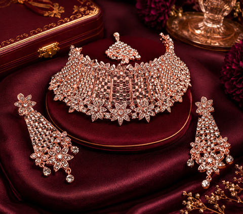 Rosegold & Silver Jerkan Stone Beautiful Necklace Set(slight variation in color and design is possible )