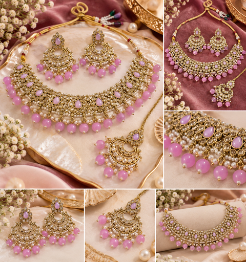 Beautiful polki stones with pearls and colorful stones necklace & earrings with Tikka. Slight variations in colour and design are possible