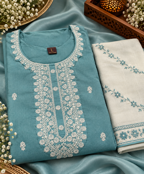 Elegant soft-fabric embroidered kurta with detailed neckline, sleeve and hem work, paired with matching narrow pants. Comes with a beautiful ivory contrast dupatta with floral embroidery and tassels.soight variation in color & design is possible