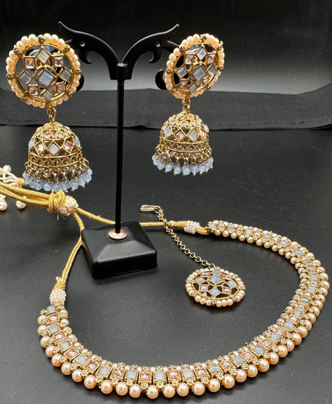Kundan And Pearls Work Beautiful Necklace Set With Jhumka & Tikka