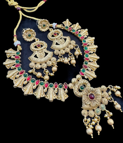 Mat look antique gold traditional necklace set with pearls and kundan work