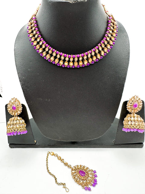 Golden stone with pearls studded simple Necklace with beautiful Jhumka & Tikka set