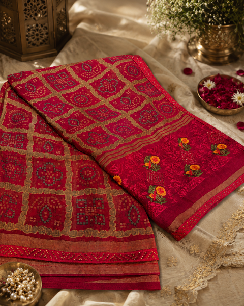 Beautiful Bandhani print work with Stones and embroidery design beautiful soft Georgette Saree Blouse Worn By The Model Is For Reference Purposes Only. The Blouse Piece Is Attached Separately With The Saree. Slight Variation In Color And Design May occur