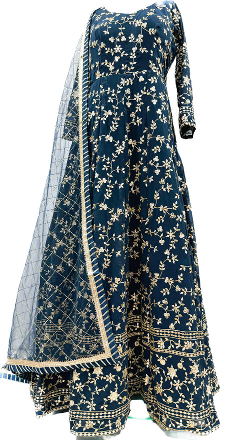 Georgette based embroidery work with sequins  design on neck, heavy flared long kameez with georgette work dupatta