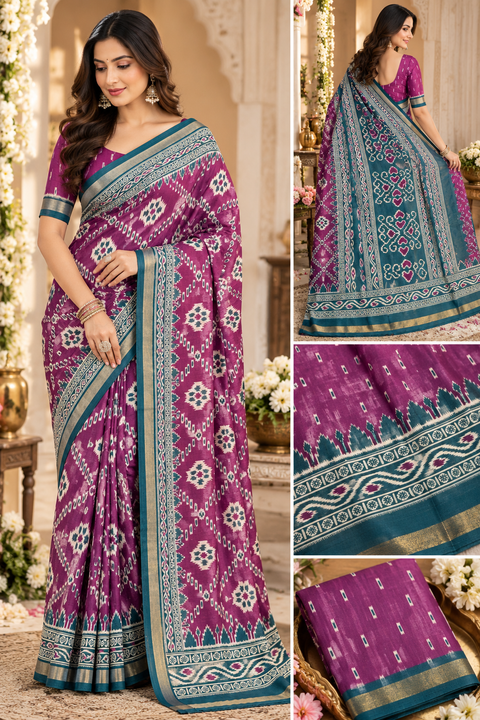 Soft silk blend saree with a flowy drape and elegant ikat-inspired weave. Contrast teal zari border adds a graceful look.Blouse piece attached. Slight variation in color/design may be possible.
