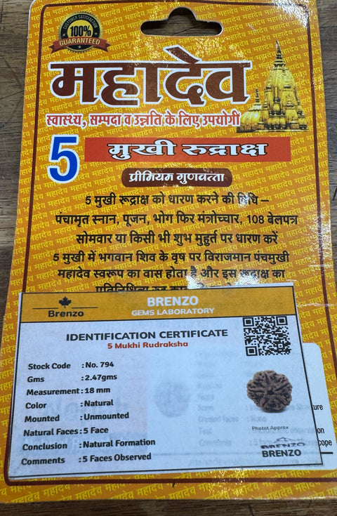 5 Mukhi Original and certified Rudraksh , Description and certificate attach( barcode can be scanned to check the certificate)