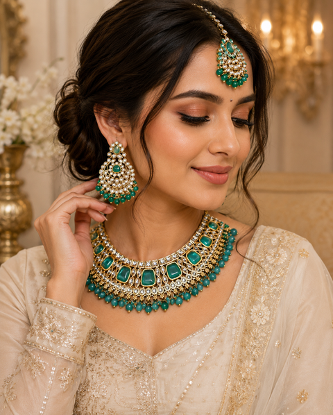 Original Polki stone with Kundan stone studded crystals and pearls Work Necklace Set With Earrings & Tikka