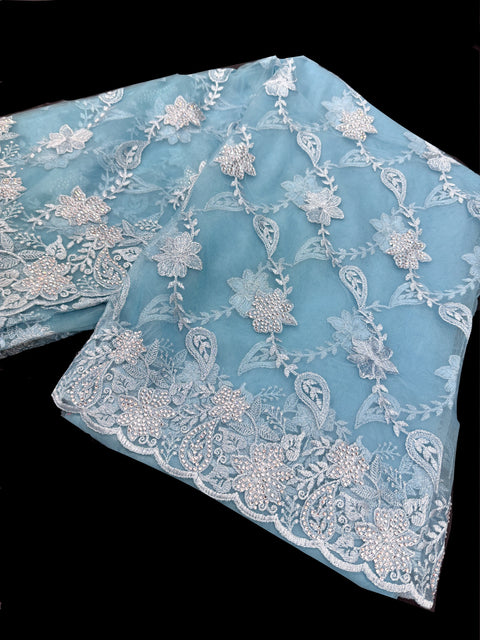 Sky Blue color Heavy work designer Saree with netting base fabric and stones work design all over with embroidery work
