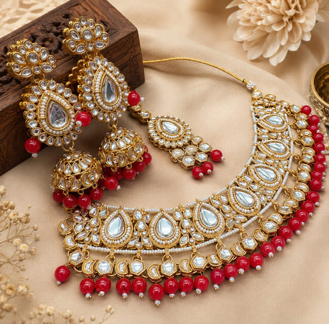 Kundan stone with pearls beaded necklace set with beautiful earrings & tikka