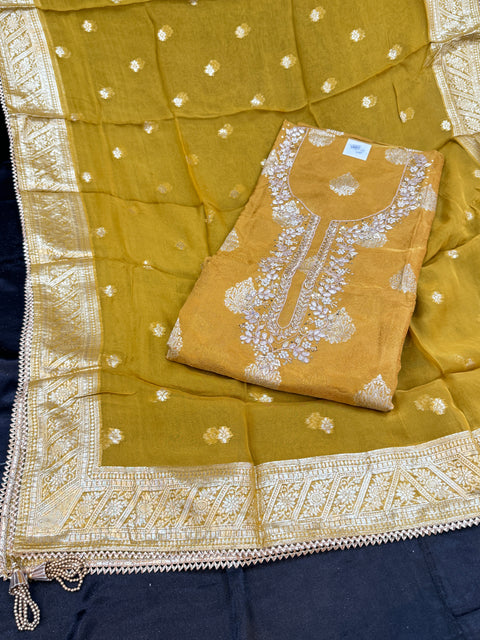 Mustard tissue silk based brocade zari work embroidery with handwork kameez with plain silk bottom fabric (2.75 mtrs) and chiffon silk heavy zari work dupatta