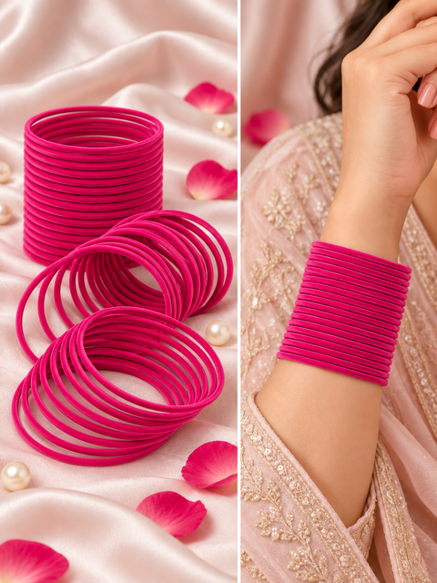 Elegant velvet bangles in a rich Rani Pink  shade, perfect for festive, bridal and traditional looks. Each pack includes 3 dozen bangles (36 pieces). Price is per pack. Slight variation in colour may be possible