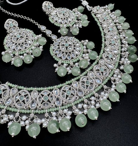 Original Polki stone with pearls beaded heavy work classy necklace with earrings and tikka set