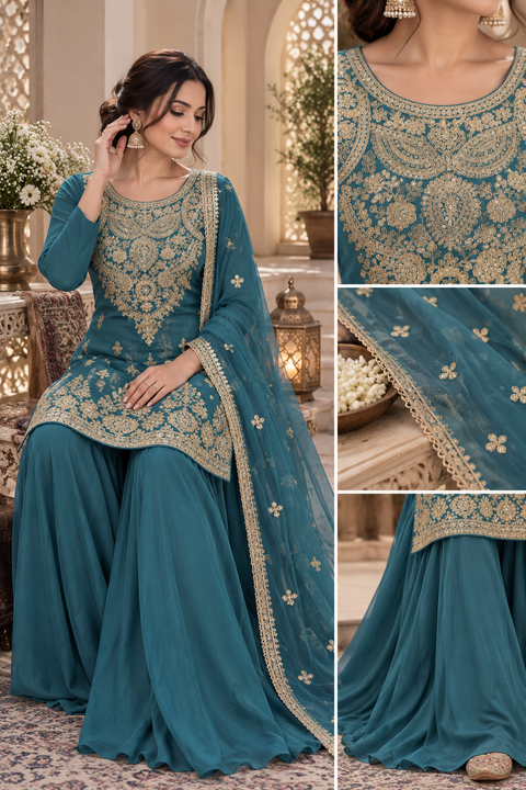 Elegant Chanderi Silk suit featuring all-over heavy embroidery and mirror work with a beautifully detailed neckline. Paired with a heavily embroidered palazzo and a gorgeous matching dupatta .Slight variation may ofcolour & design is possible