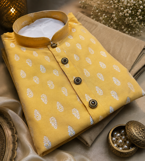 Soft Silk based Heavy brocade work designer Kurta with golden Pajama (slight variation in color and design is possible)