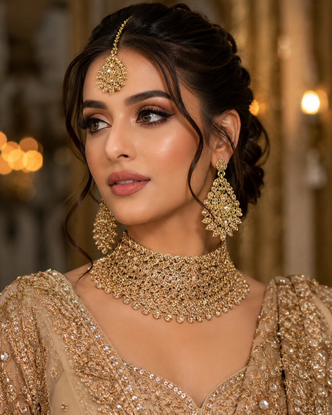 Golden Jerkan Stone Beautiful Necklace Set (slight variation in color and design is possible)