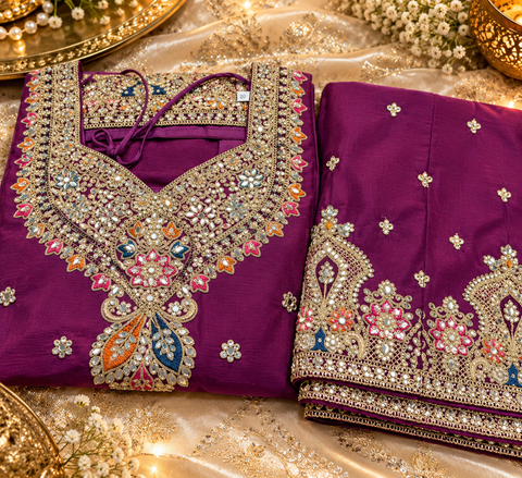 Beautiful georgette fabric outfit with full embroidery and mirror work all over the kameez. Paired with a loose circular palazzo and a matching dupatta with just a border. 
Slight variation in colour and design is possible
