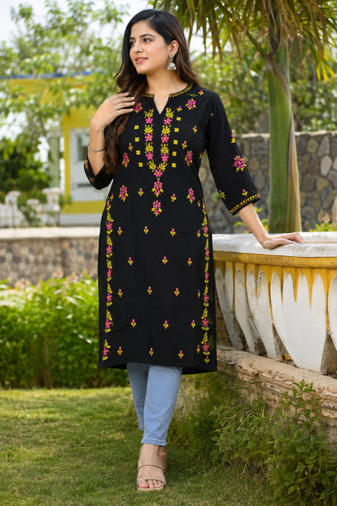 Very soft rayon-based kurti with elegant Lucknowi embroidery at front and back , giving it a graceful and timeless look. Pants are not included – this is kurti only. Slight variation in color and design is possible.