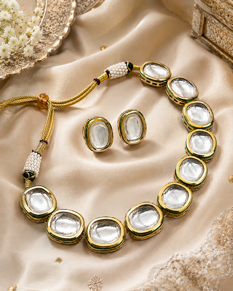 Original Kundan stone square shape necklace with small studs