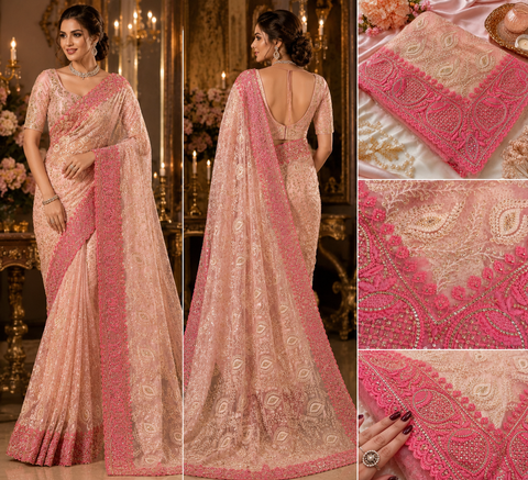 (Video Clip attached ) Very heavy work designer Pink Colour Heavy Stone Work & Embroidery Jaal Work Beautiful Netting Designer Saree And Embroidery Work Blouse design