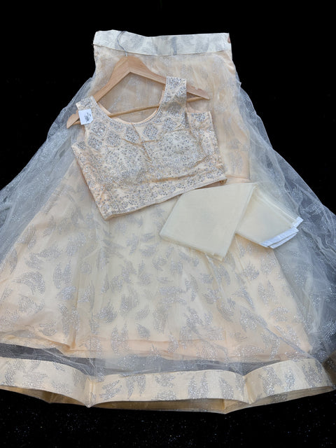 Stones and mirror work designer Blouse with netting shimmer work  design heavy flared lehnga and netting dupatta