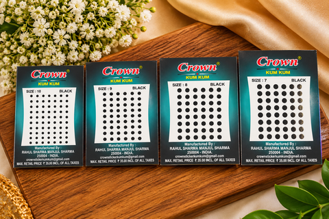 Size 7  Black Bindi pack featuring our smallest dot-size bindis—perfect for a delicate, subtle everyday look. Slight variation in size and design is possible.Size guide attached