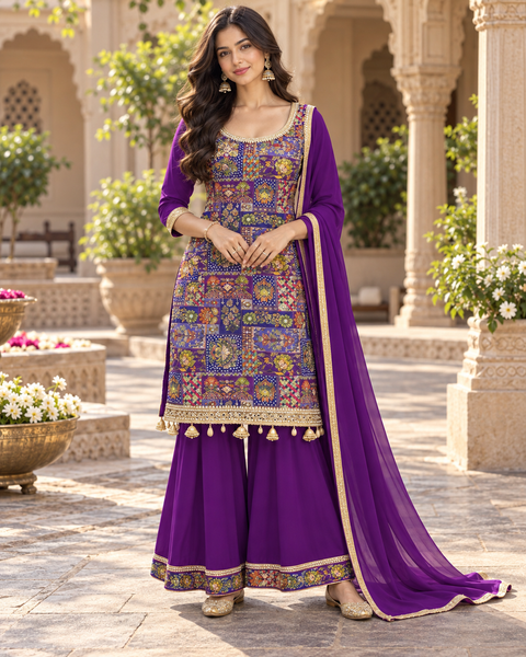 Silk-blend patchwork kameez with mirror & stone work, paired with a flowy circular palazzo and plain georgette dupatta with golden border. Slight variation in colour/design possible