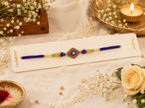 Evil eye Elegant handcrafted Rakhi with premium beads and sparkling stonework, beautifully crafted to celebrate the special bond of love and protection.