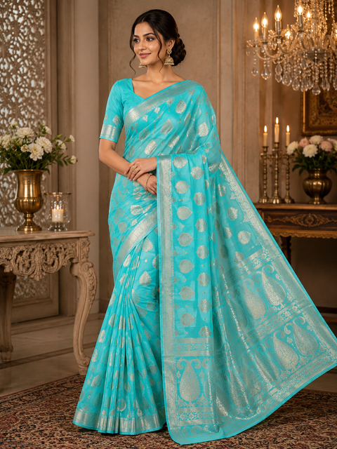 Very Soft Pure georgette chiffon based Beautiful zari work Banarasi look Saree(Blouse Shown Is For Reference Only. The Blouse Piece Is Included With The Saree As Unstitched Fabric)(slight variation in color and design is possible )