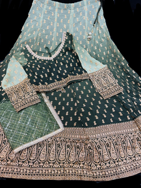 Ombré Shades Georgette Based Heavy Embroidery With Stone Work At Front And Back Designer Flared lehnga & blouse And Netting Based sequins Work Dupatta