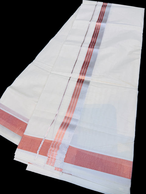 Rose gold design Woven Cotton Kerala Mundu / Dhoti in Off White ( 4 mtrs )