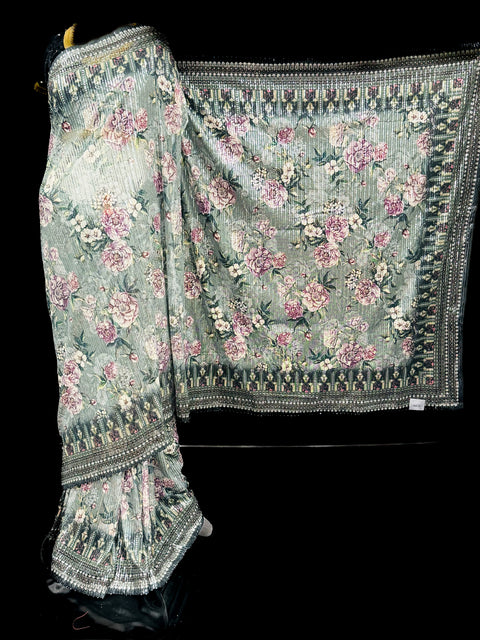 (Video clip attached ) Sequined Soft Fabric Designer Sarees In Print Work With contrast Sequined Blouse